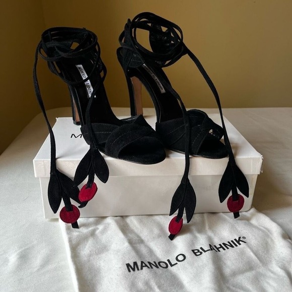 Manolo Blahnik Shoes - Manolo Blahnik Cherry Lace-Up Sandals 38.5 Black Suede Ivy Shoe 2003 Remake